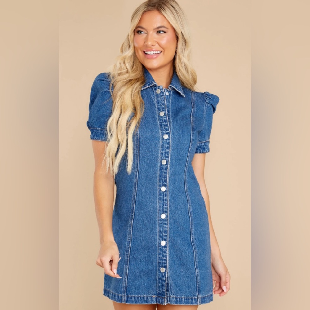 Blank NYC Denim Mini Dress Walk In The Park Puff Sleeve size LARGE NWT